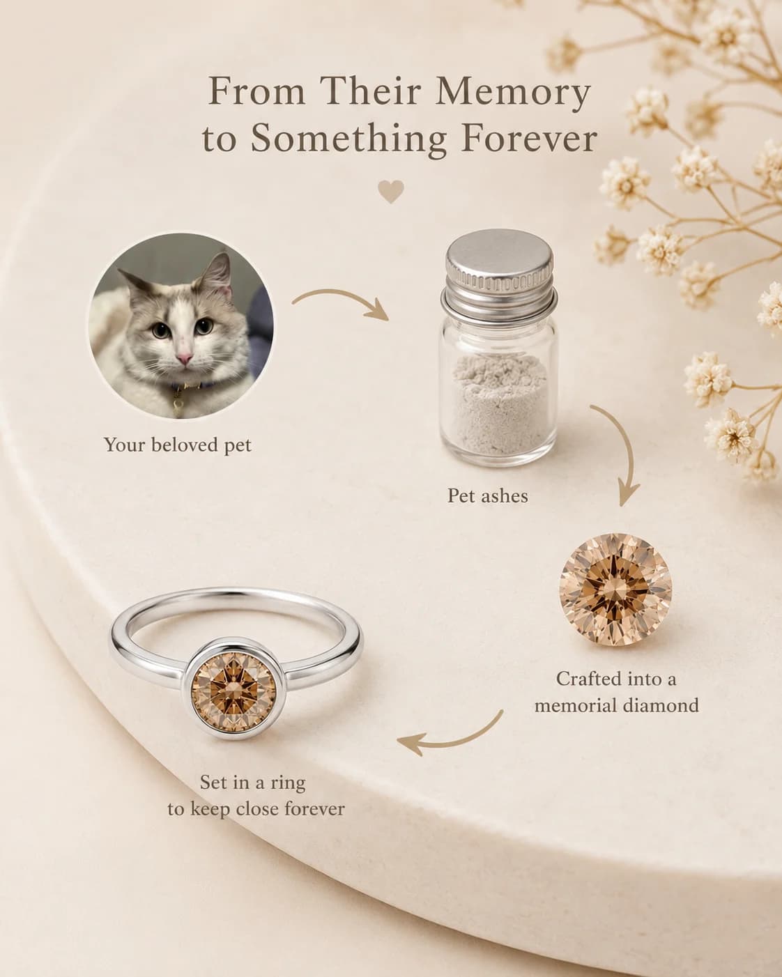 The journey from a beloved pet, to their ashes, to a memorial diamond, to a finished ring