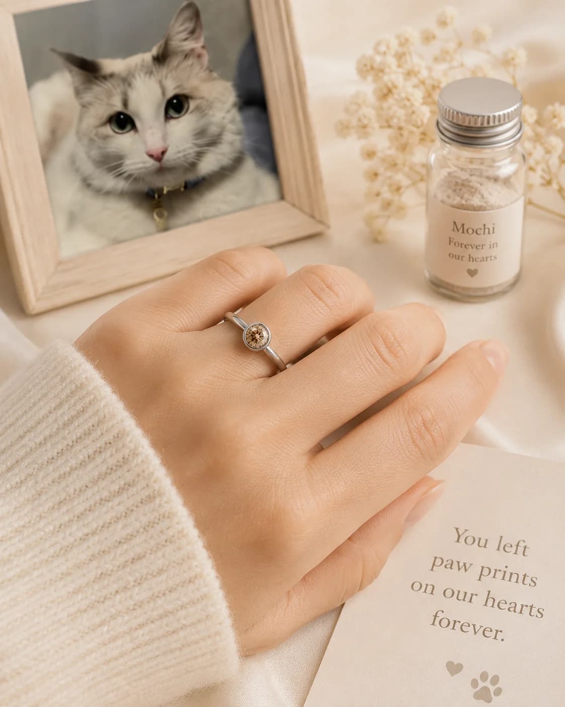 A memorial diamond ring worn in loving memory of a beloved cat, beside her photo and ashes
